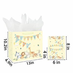 13" Large Baby Boy Girl Gift Bag for Baby Shower with Tissue Paper and Greeting Card (Yellow)