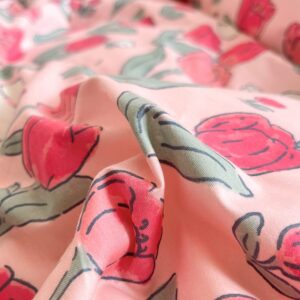 LIWHENHAO Rabbit Duvet Cover Set Queen 100% Cotton Bedding Cartoon White Bunny Red Flower on Pink 1 Cute Comforter Cover Full Zipper Closure 2 Pillowcases for Kids Girls Boys Woman