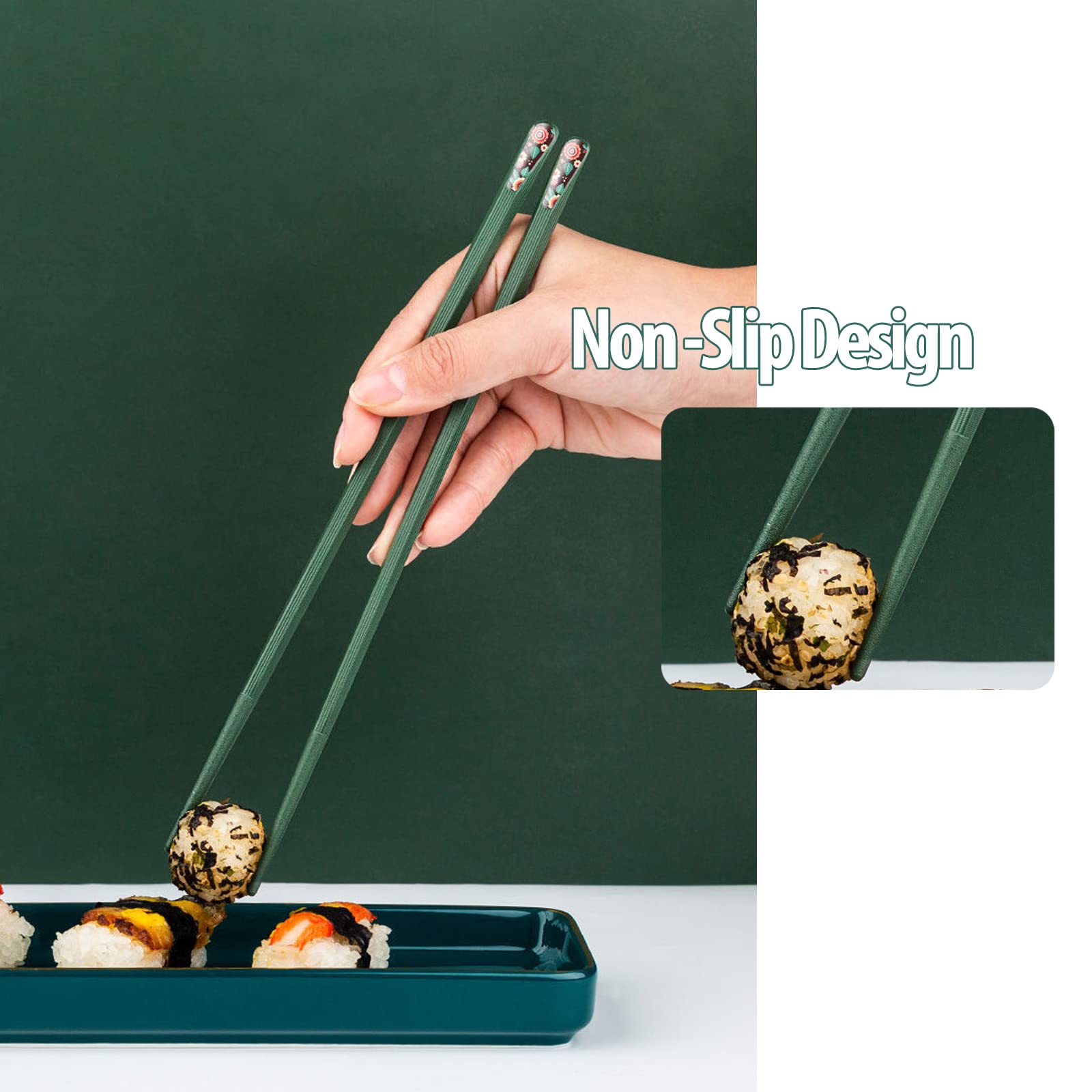 Japanese Style 5 Pairs Fiberglass Chopsticks-Reusable Chopsticks Dishwasher Safe, 9.57 inch/24.3cm Non-Slip Family/ Hotel/ Restaurant Chinese Chop Stick, Gift Set, Dark Green