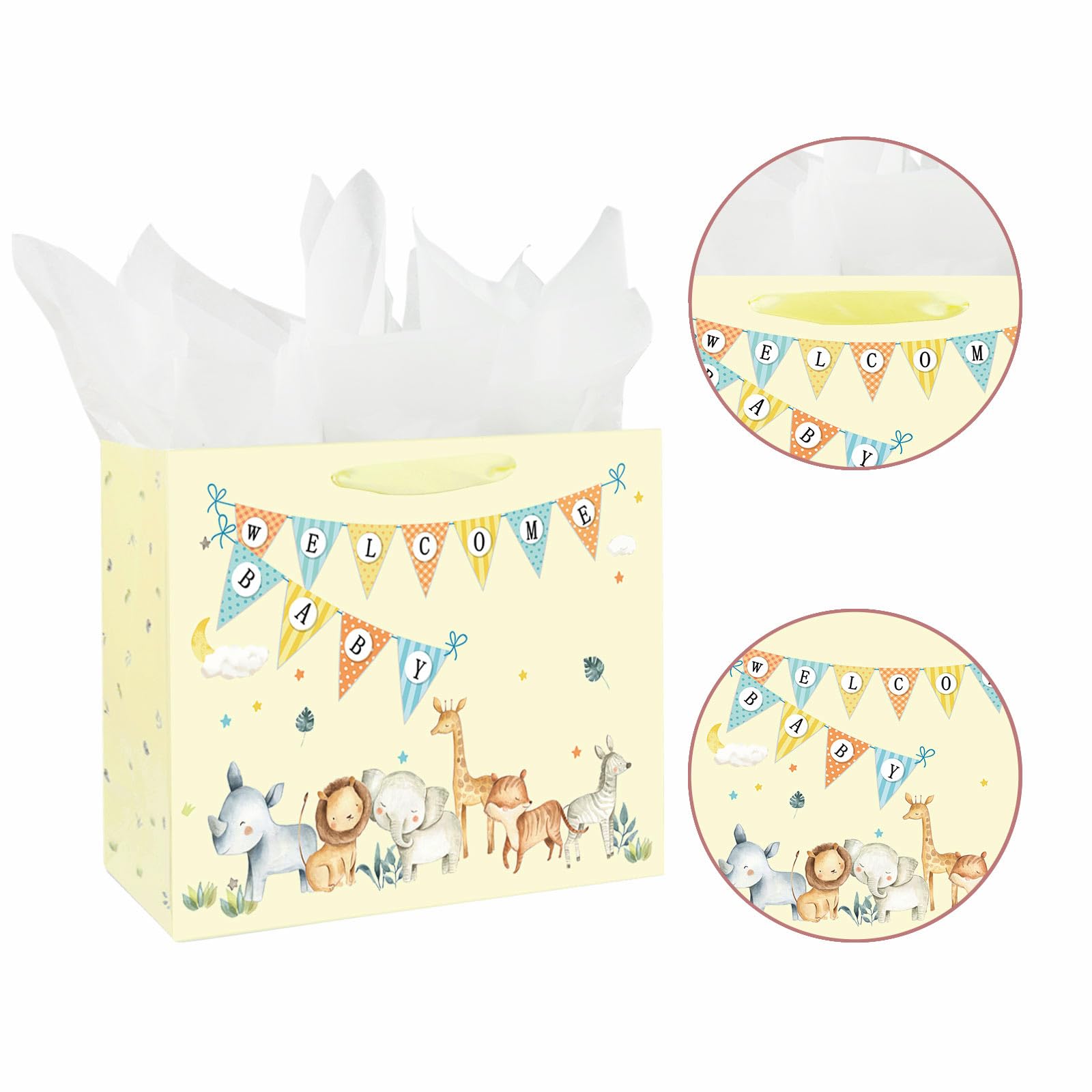 13" Large Baby Boy Girl Gift Bag for Baby Shower with Tissue Paper and Greeting Card (Yellow)