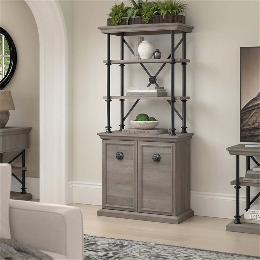 Bush Furniture Coliseum Designer Bookcase with Doors in Driftwood Gray