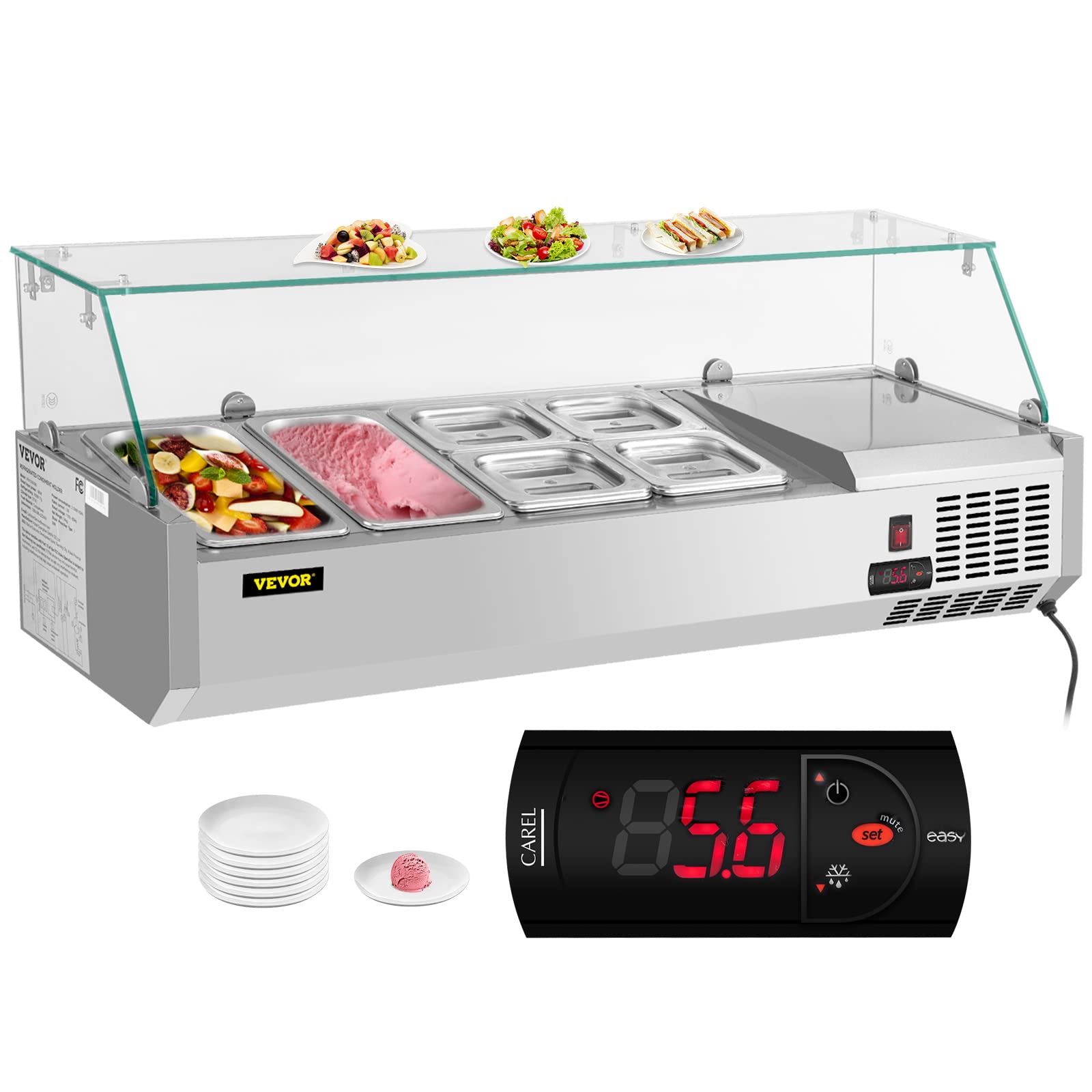 VEVOR Refrigerated Condiment Prep Station, 48-Inch, 10.8Qt Sandwich Prep Table with 2 1/3 Pans & 4 1/6 Pans, 146W Salad Bar with 304 Stainless Body Tempered Glass Shield Digital Temp Display Auto Defr