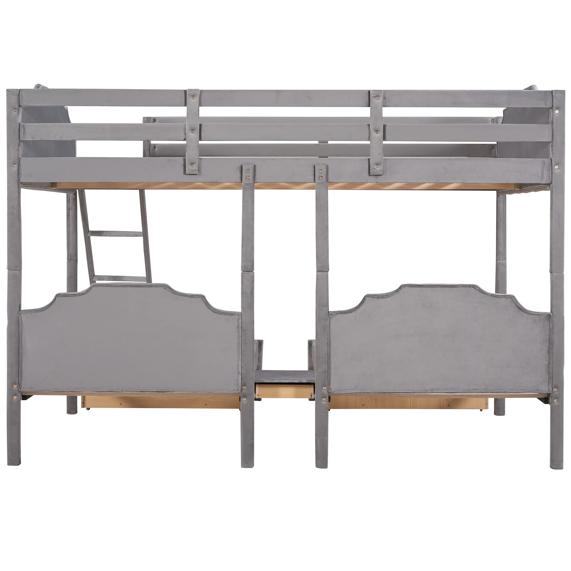 Bellemave Triple Bunk Beds Full Over Two Twin Bunk Bed with Storage Drawers Velvet Upholstered 3 Beds Bunk Bed for Adults Kids Teens Boys Girls, Gray