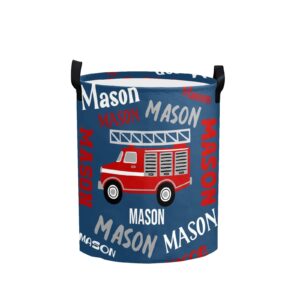 fire truck blue name text personalized laundry basket hamper,collapsible storage baskets with handles for kids room,clothes, nursery decor