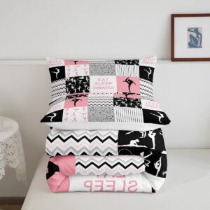 Gymnastics Girls Comforter Set Twin Size Pink Black Geometric Plaid Bedding Set 2pcs for Kids Women Gymnast Youth Bedroom Sports Dancing Quilt Set Modern Stripes Duvet Insert,1 Pillowcase