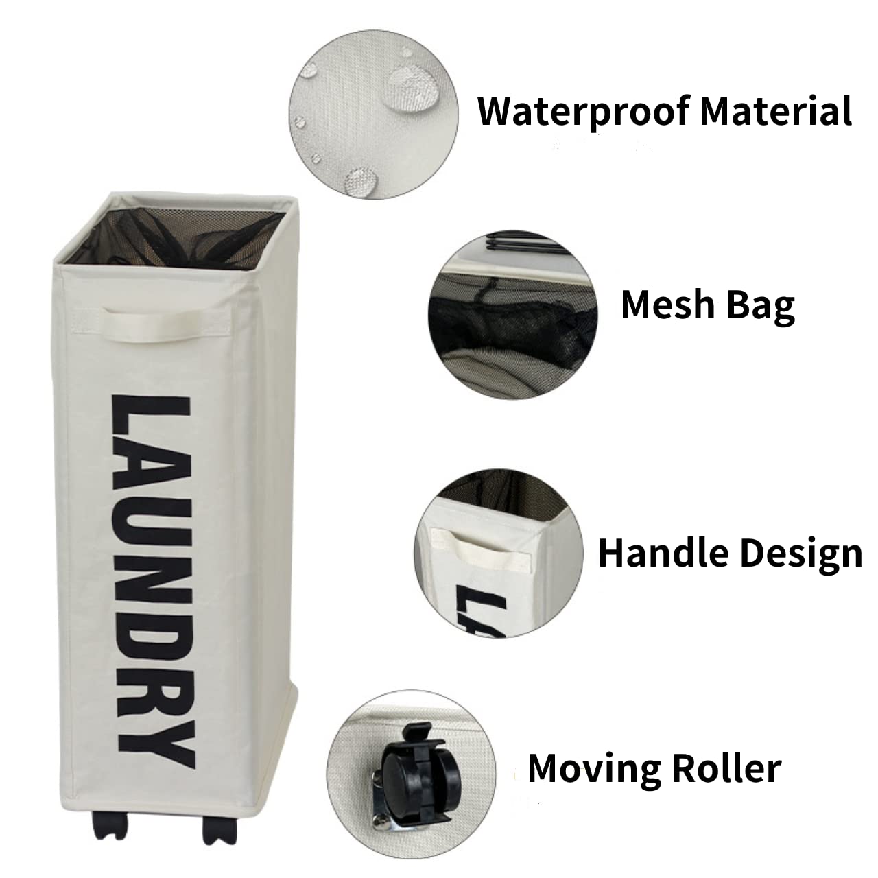 WRPLU Rolling Slim Laundry Hamper with Wheels, Waterproof, Durable, Beige