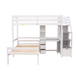 Harper & Bright Designs Twin Size Loft Bed with Stairs, Wood Twin Storage Loft Bed with Desk,Shelves and Drawers,Loft Bed Twin with a Removable Bottom Bed for Kids Girls Boys, White