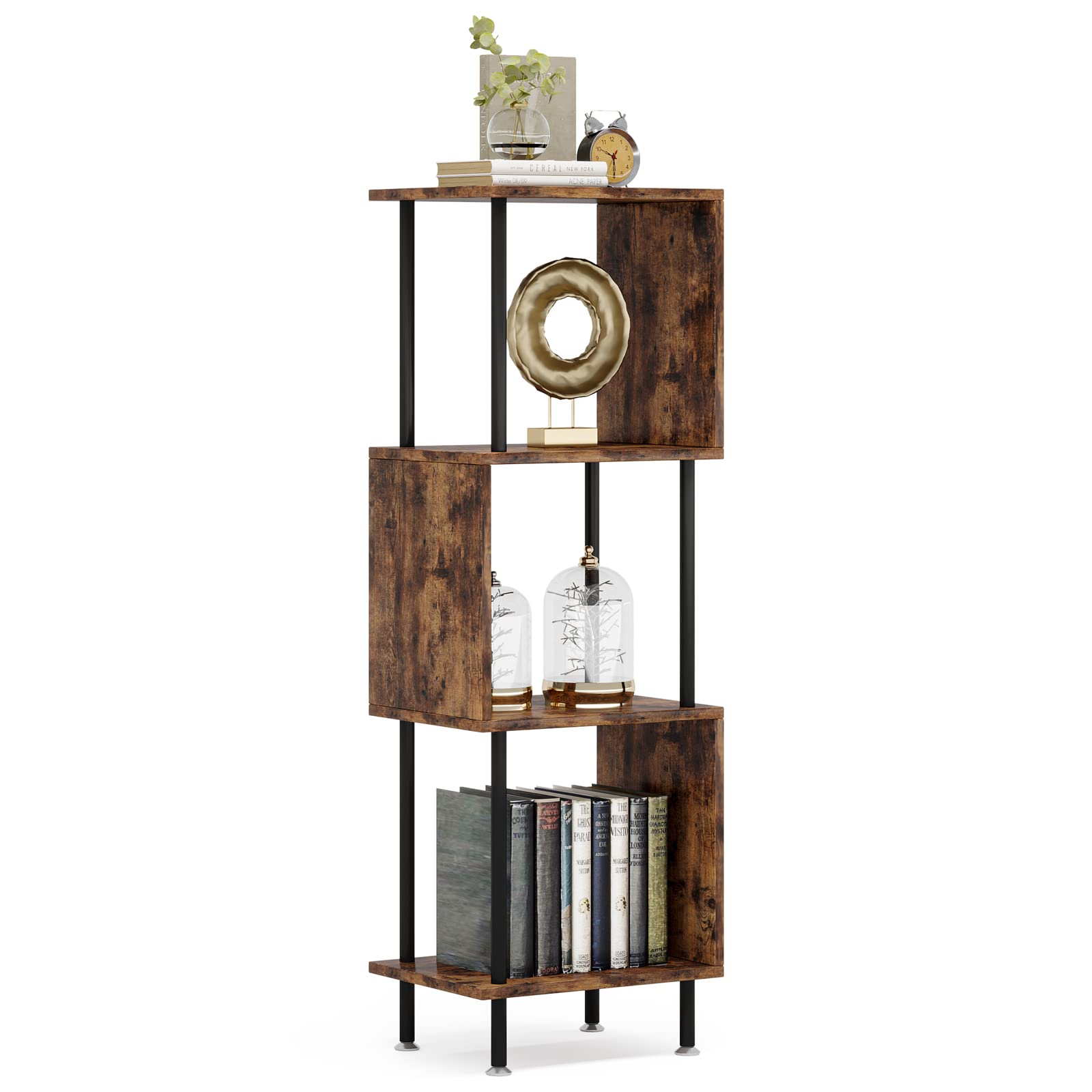 Hosfais 4 Tier Modern Bookshelf, S-Shaped Bookcase,Small Book Shelf for Small Spaces, Unique Bookshelf for Storage Organizer Living Room Bedroom Home Office, Brown