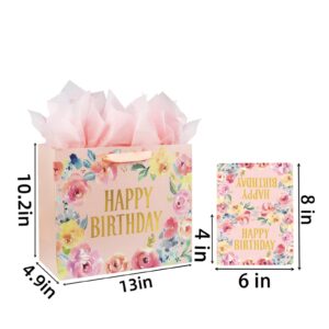 13" Large Happy Birthday Gift Bag with Card and Tissue Papers for Women Girls Floral Design with Handles