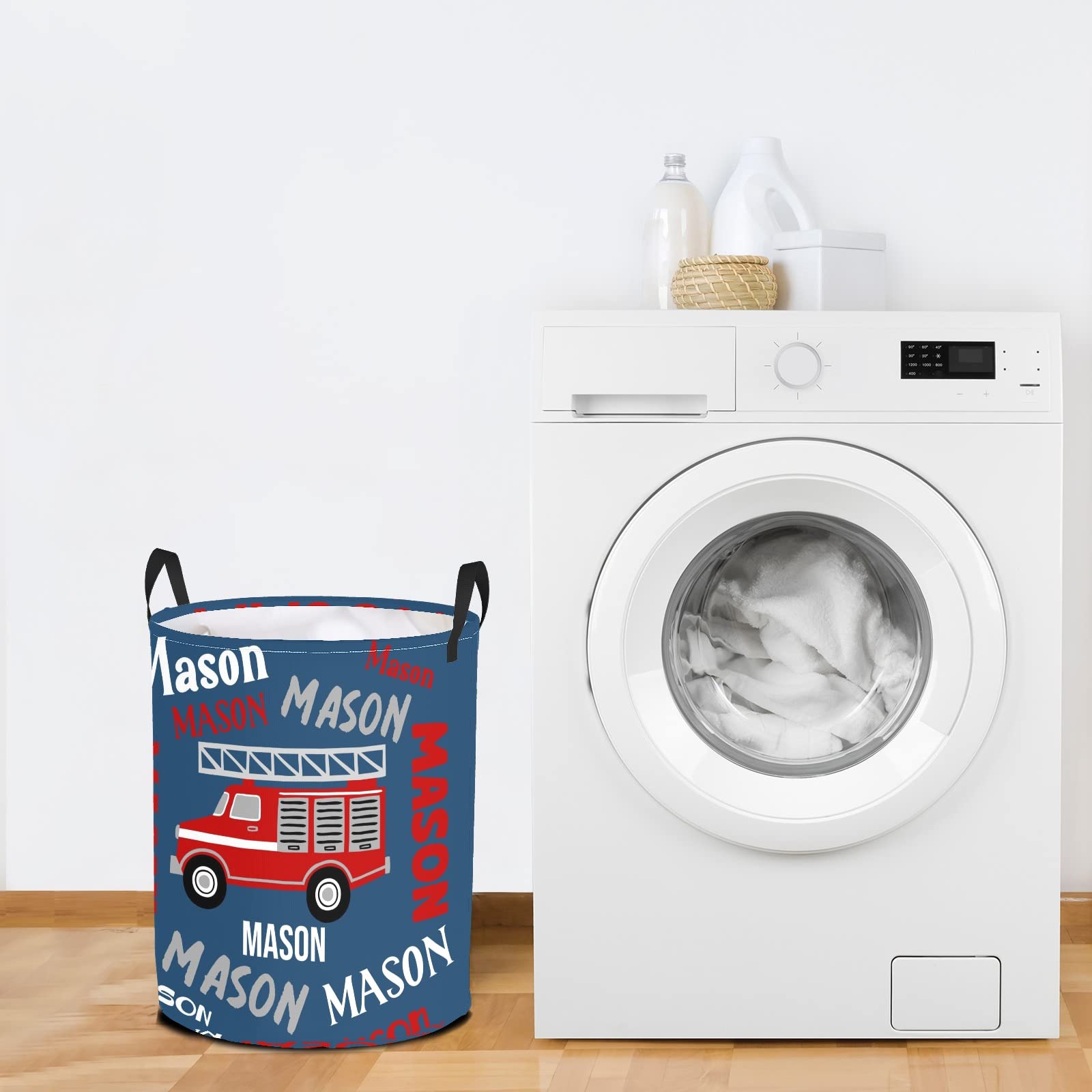 Fire Truck Blue Name Text Personalized Laundry Basket Hamper,Collapsible Storage Baskets with Handles for Kids Room,Clothes, Nursery Decor