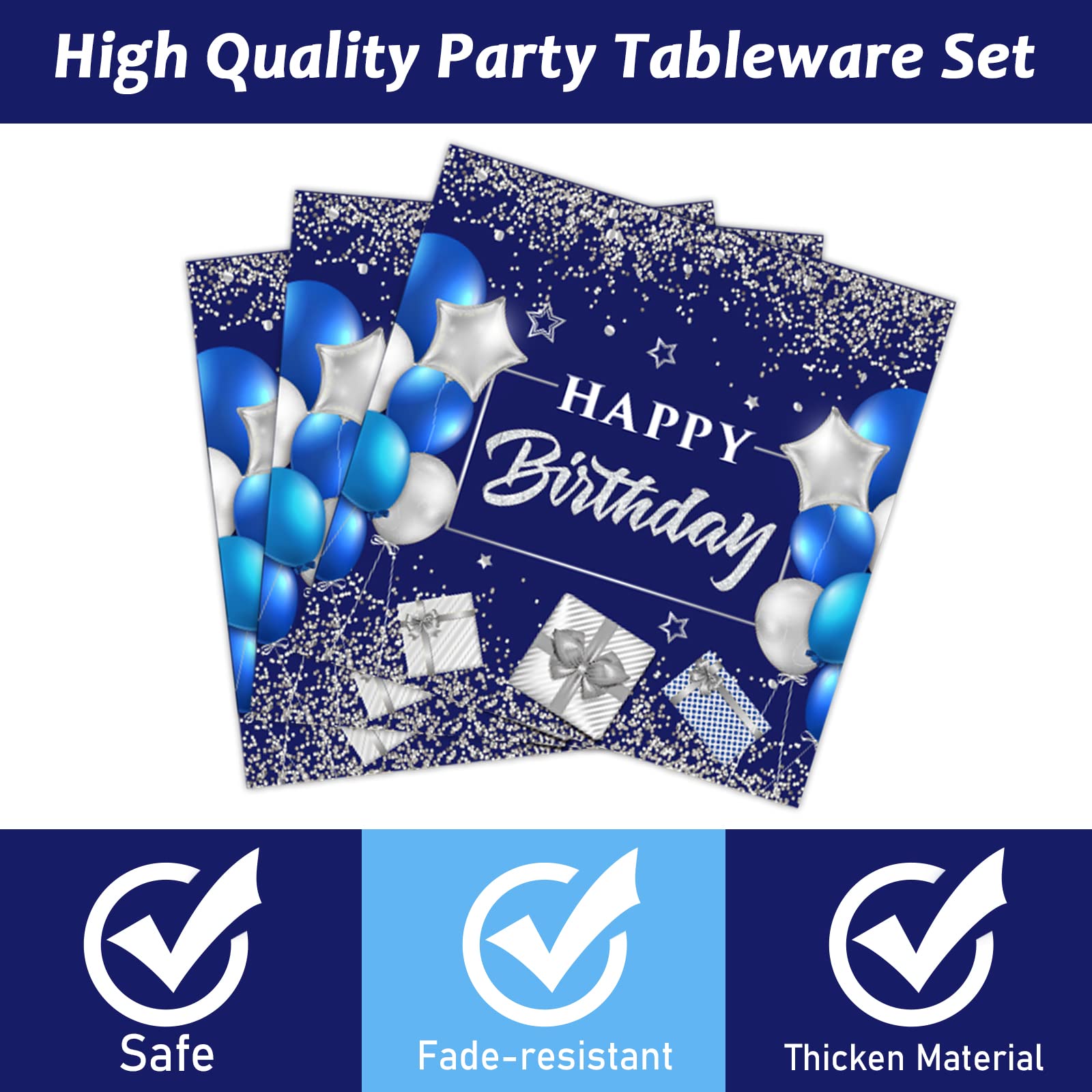 Wiooffen Blue Birthday Party Tableware Set for 24 Guests Navy Blue and Silver Happy Birthday Party Decorations for Men Women Birthday Paper Plates Napkins and Forks 96 Pieces