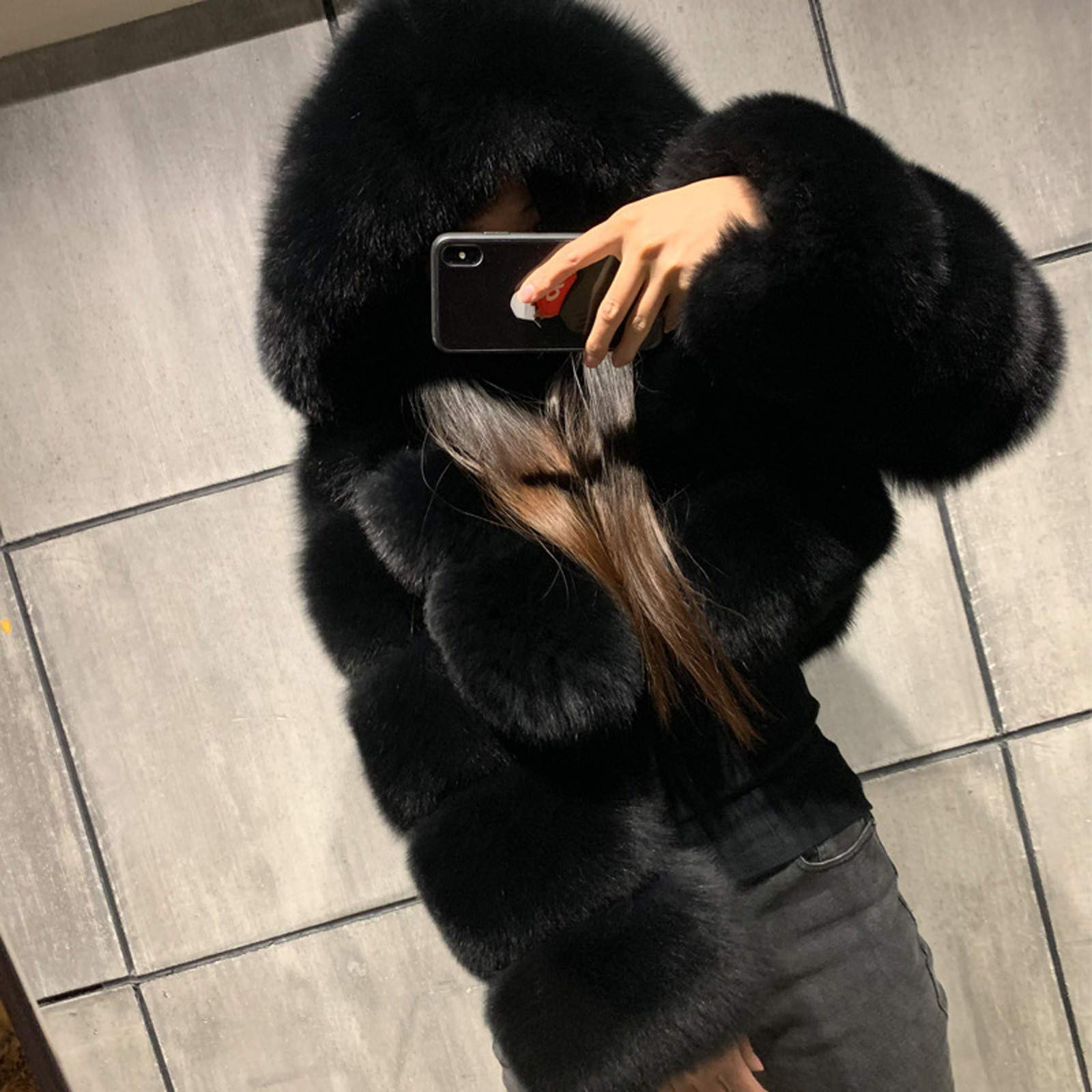 PLAZRU Short Faux Fur Coat for Women Zipper Up Hooded Shaggy Warm Elegant Long Sleeve Winter Fashion Cropped Furry Jacket