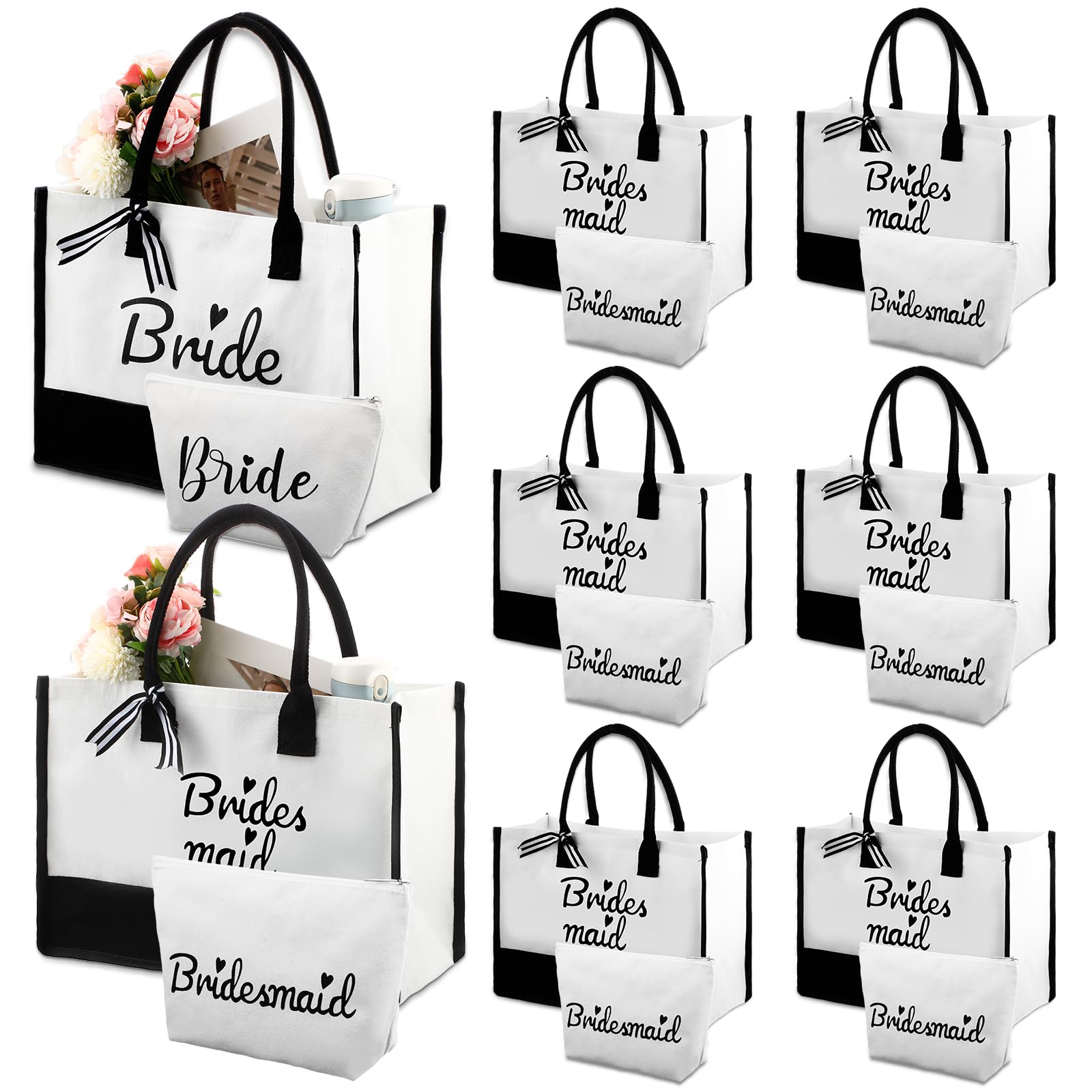 Chunful 8 Pcs Bride Bridesmaids Gift Bag 16" x 12" x 7" Canvas Tote Bags with 8 Pcs Bride Bridesmaids Makeup Bag for Wedding Favor Bachelorette Bridal Shower Party Team Bride