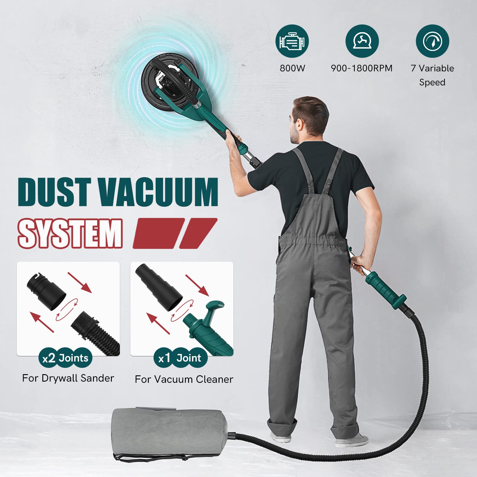 NEU MASTER Drywall Sander, Electric Drywall Sander Variable Speed Pole Sander with Vacuum, 900-1800RPM Foldable Ceiling Sander with 12 Sanding Discs, LED Light, Extendable Handle, Dust Bag and Hose