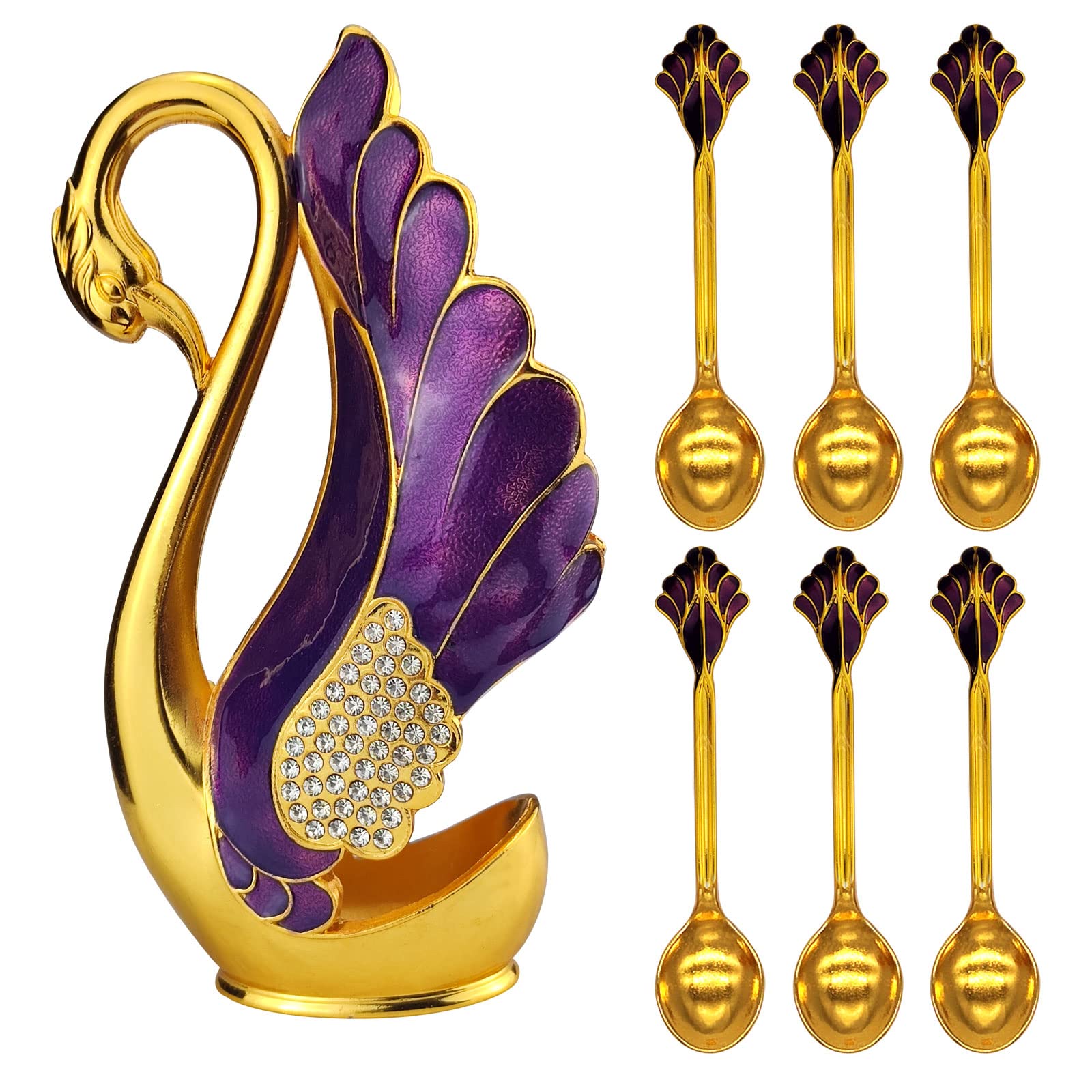 Swan Base Holder with 6pcs Coffee Dessert Dinner Spoon Set, Metal Coffee Spoon Organizer Teaspoon Fruit Dessert Flatware Sugar Ice Cream Spoons (Purple)