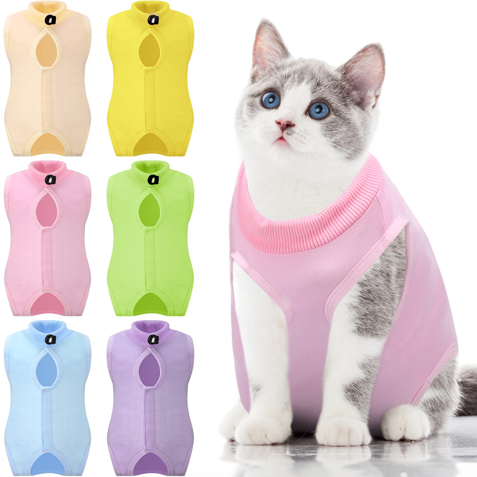 6 Pcs Cat Recovery Suit Kitten Recovery Suit Surgical Abdominal Skin Anti Licking Pajamas for Cats E Collar Alternative for Cats and Dogs After Surgery Wear, 6 Colors (Medium)