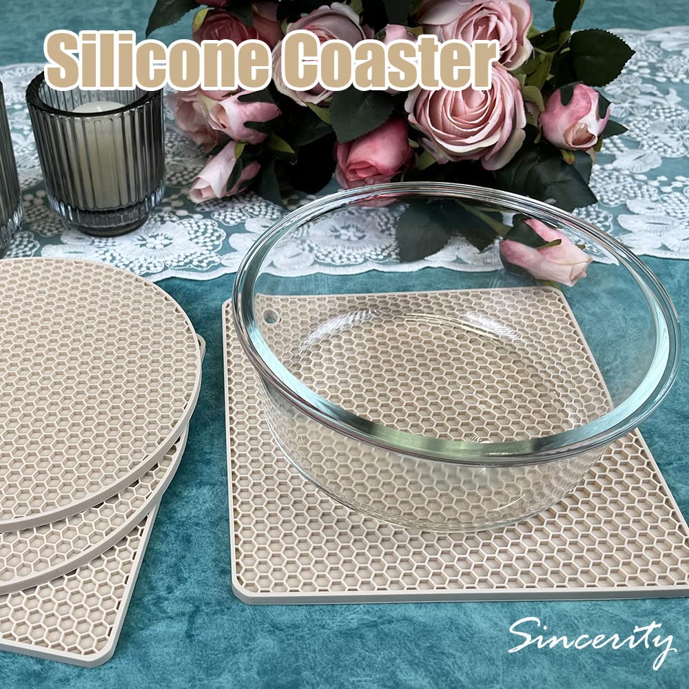 4 Pieces Silicone Trivet Mats, Hot Pot Holders, Kitchen Tools, Heat Resistant Non Slip Durable Pads for Hot Dishes Bowls, Jar Opener, Easy to Wash and Dry Hot Pan Cushions (Beige)