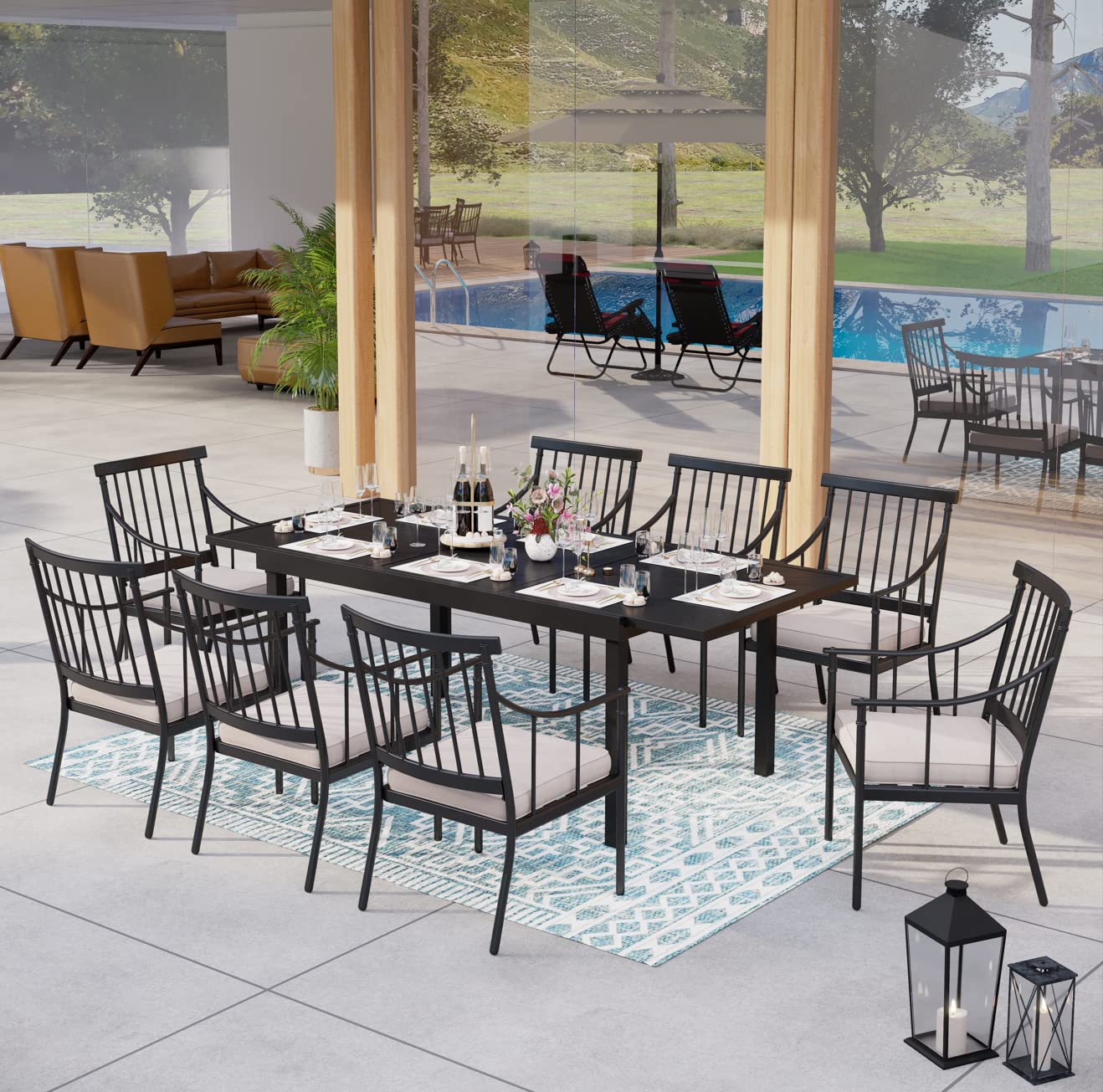 MFSTUDIO 9PCS Outdoor Patio Dining Set with 8 Metal Chairs and Expandable Rectangular Dining Table for 6-8 People, Patio Conversation Set for Deck, Yard, Garden