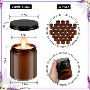 Lallisa 32 Pcs 8 oz Amber Glass Jars with Black Metal Lids Round Empty Candle Making Jar Bulk Small Candle Jars Leakproof Canning Body Butter Containers for Spice Powder Liquid Food Storage