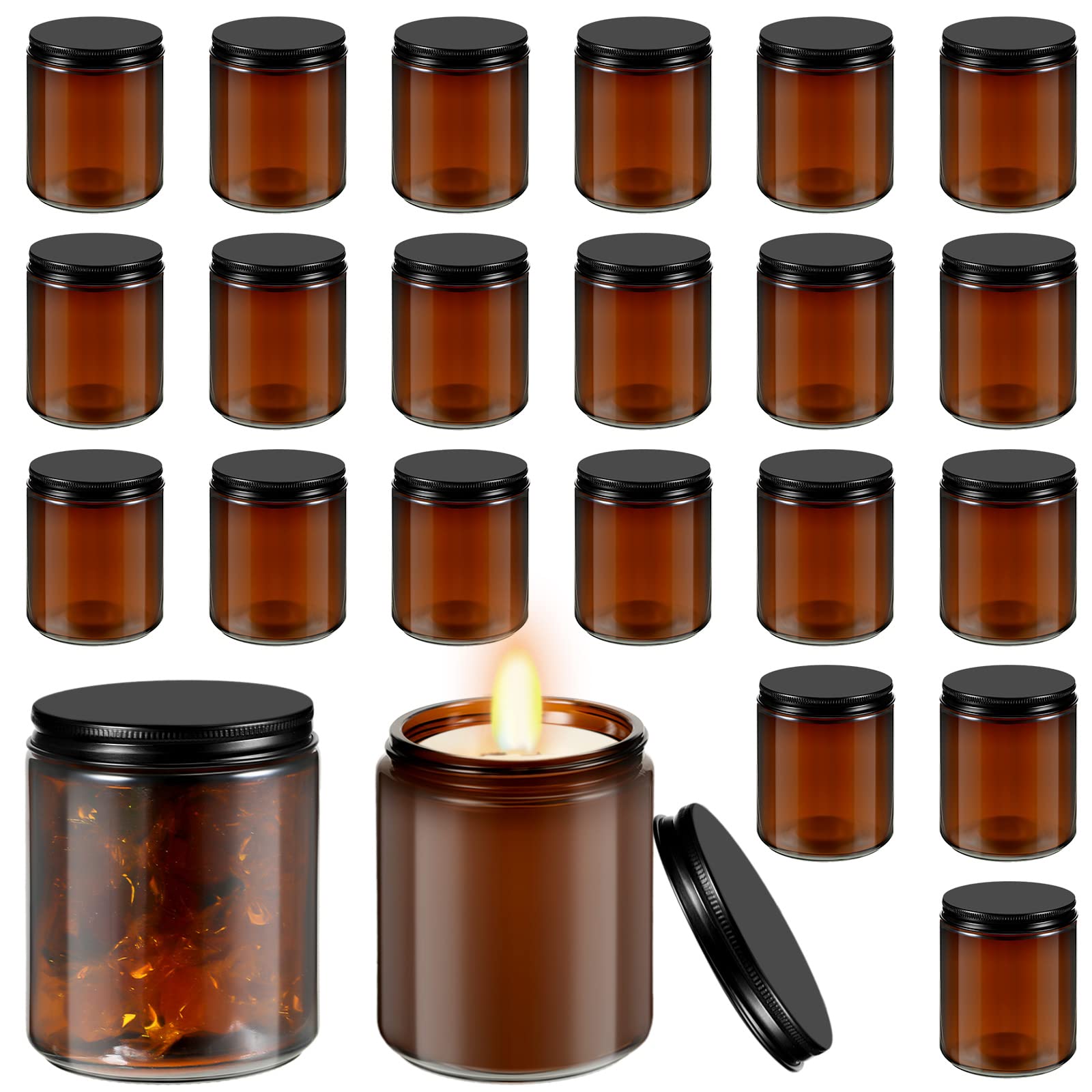 Lallisa 32 Pcs 8 oz Amber Glass Jars with Black Metal Lids Round Empty Candle Making Jar Bulk Small Candle Jars Leakproof Canning Body Butter Containers for Spice Powder Liquid Food Storage