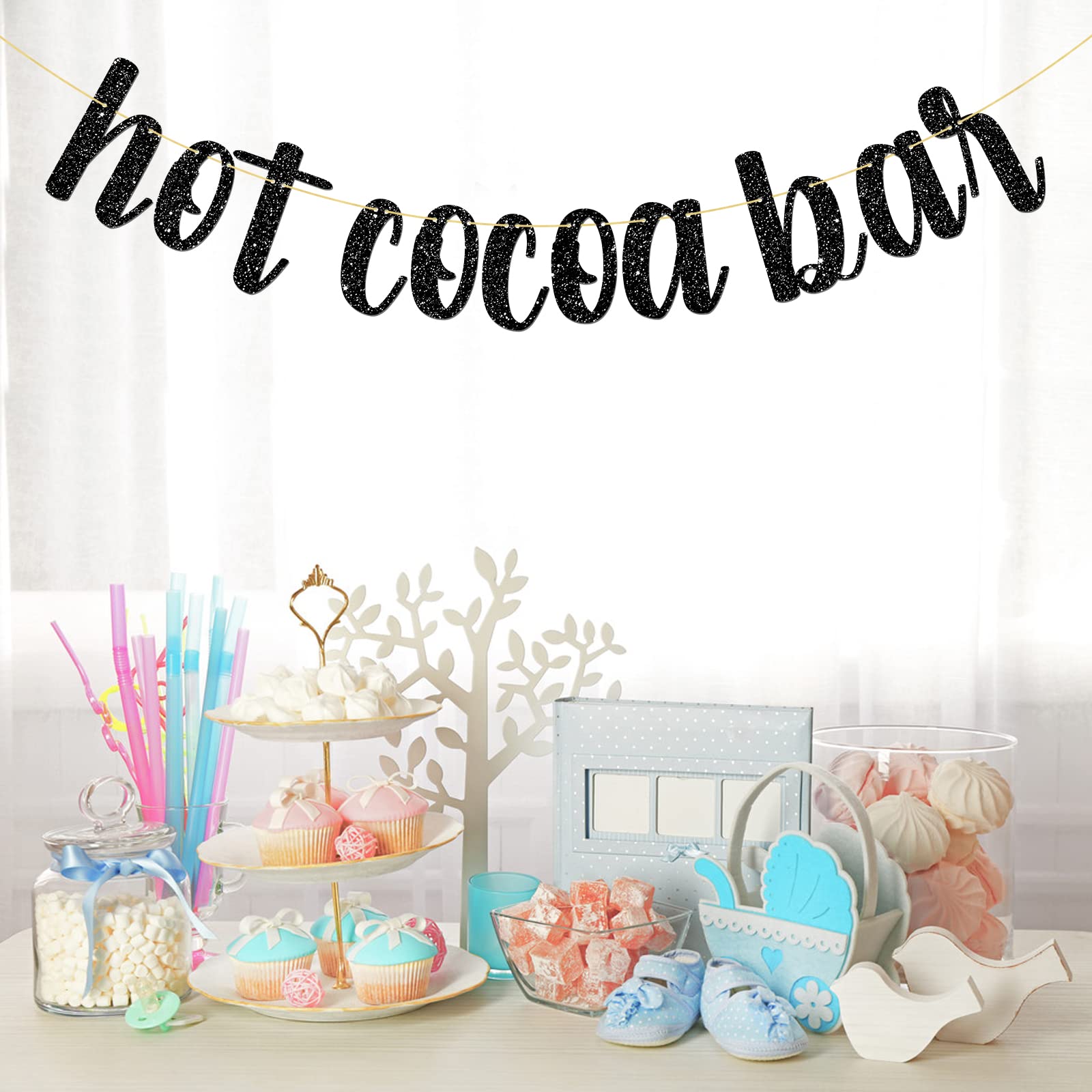 Hot Cocoa Bar Banner, Hot Chocolate Bar Decor, Chocolate Bar Party Decoration Supplies, Glittery Black