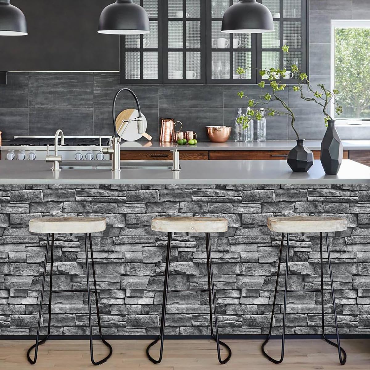 Nukofal Grey Brick Wallpaper Peel and Stick Gray Stone Contact Paper 17.7"x118.1" Faux Brick Contact Paper Backsplash Wallpaper Stone Self Adhesive Wallpaper Removable for Kitchen Textured Vinyl