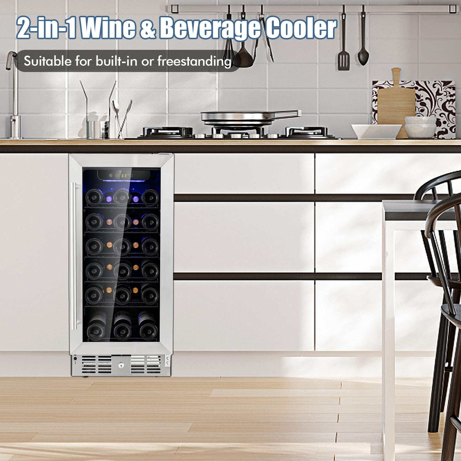 ORALNER 15 Inch Wine Cooler Refrigerator, 30 Bottle Compressor Fridge Built-in or Freestanding Wine Cellar for Red White Wine Pop w/Lockable Glass Door, Blue LED Light, Drink Fridge Stainless Steel