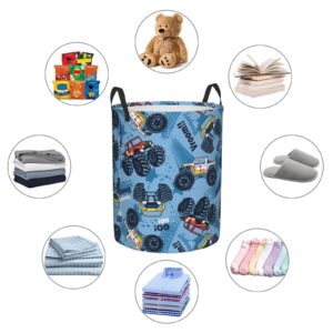 Gbuzozie Monster Truck Car Pattern Round Laundry Hamper Storage Basket Toys Clothes Organizer Bin For Home Bathroom Bedroom Dorm Nursery, 62l