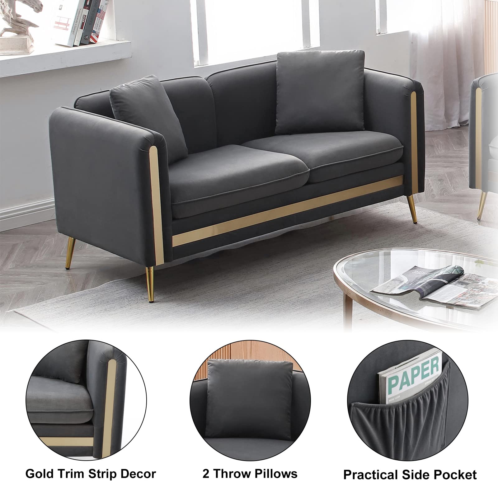 Homtique Modern Velvet Loveseat Sofa, 59 Inch Upholstered Love Seats Furniture Sofa with Side Pocket and 2 Pillows, Gold Metal Legs Decor Small Couches for Living Room/Apartment/Office (Grey)