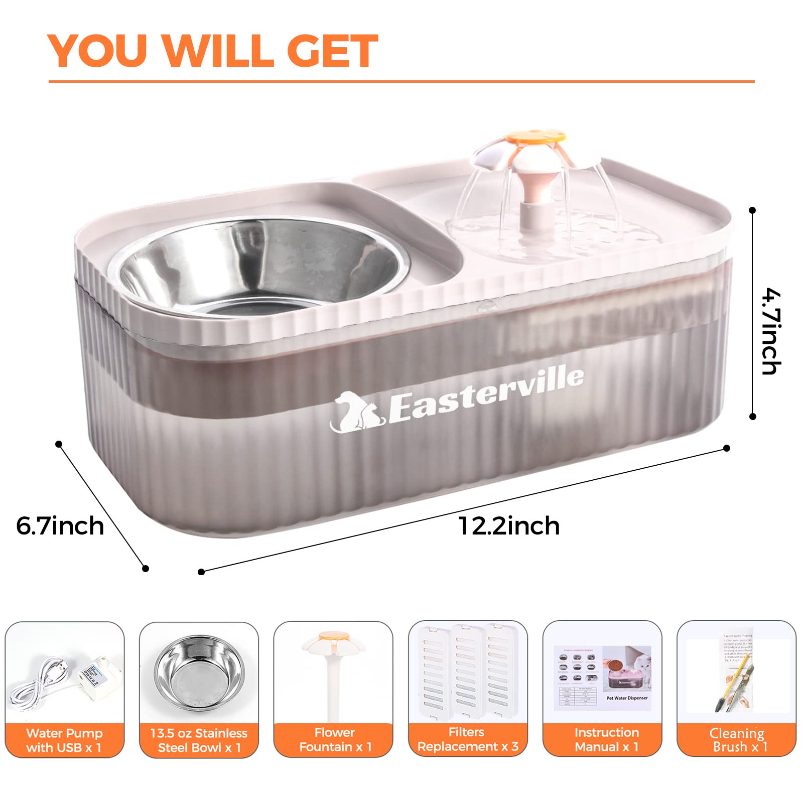 Easterville Water Fountain for Cats Inside, Ultra Quiet Cat Drinking Fountains with 3 Filters, Cat Fountain Water Bowl, Cat Feeding & Watering Supplies, Pet Water Dispenser & Stainless Steel Bowl