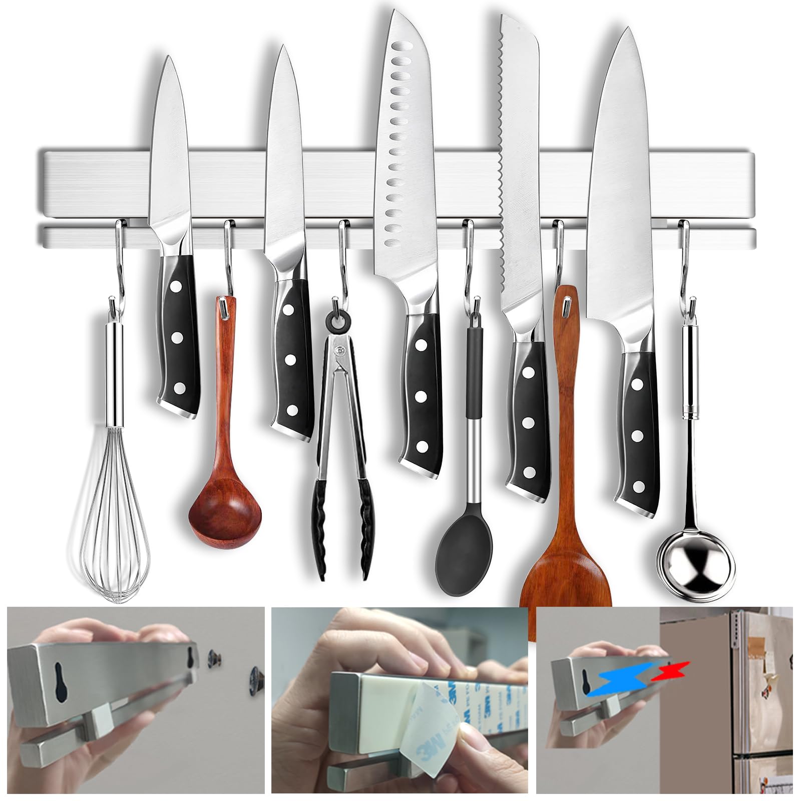 YIIYIIN 17" Premium 304 Stainless Steel Double-Sided Magnetic Knife Holder for Wall or Fridge -with Adhesive Strip, No Drill - 12 Hooks Included for Kitchen Utensils