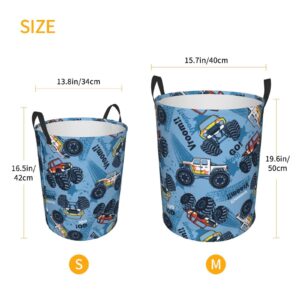 Gbuzozie Monster Truck Car Pattern Round Laundry Hamper Storage Basket Toys Clothes Organizer Bin For Home Bathroom Bedroom Dorm Nursery, 62l