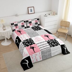 Gymnastics Girls Comforter Set Twin Size Pink Black Geometric Plaid Bedding Set 2pcs for Kids Women Gymnast Youth Bedroom Sports Dancing Quilt Set Modern Stripes Duvet Insert,1 Pillowcase