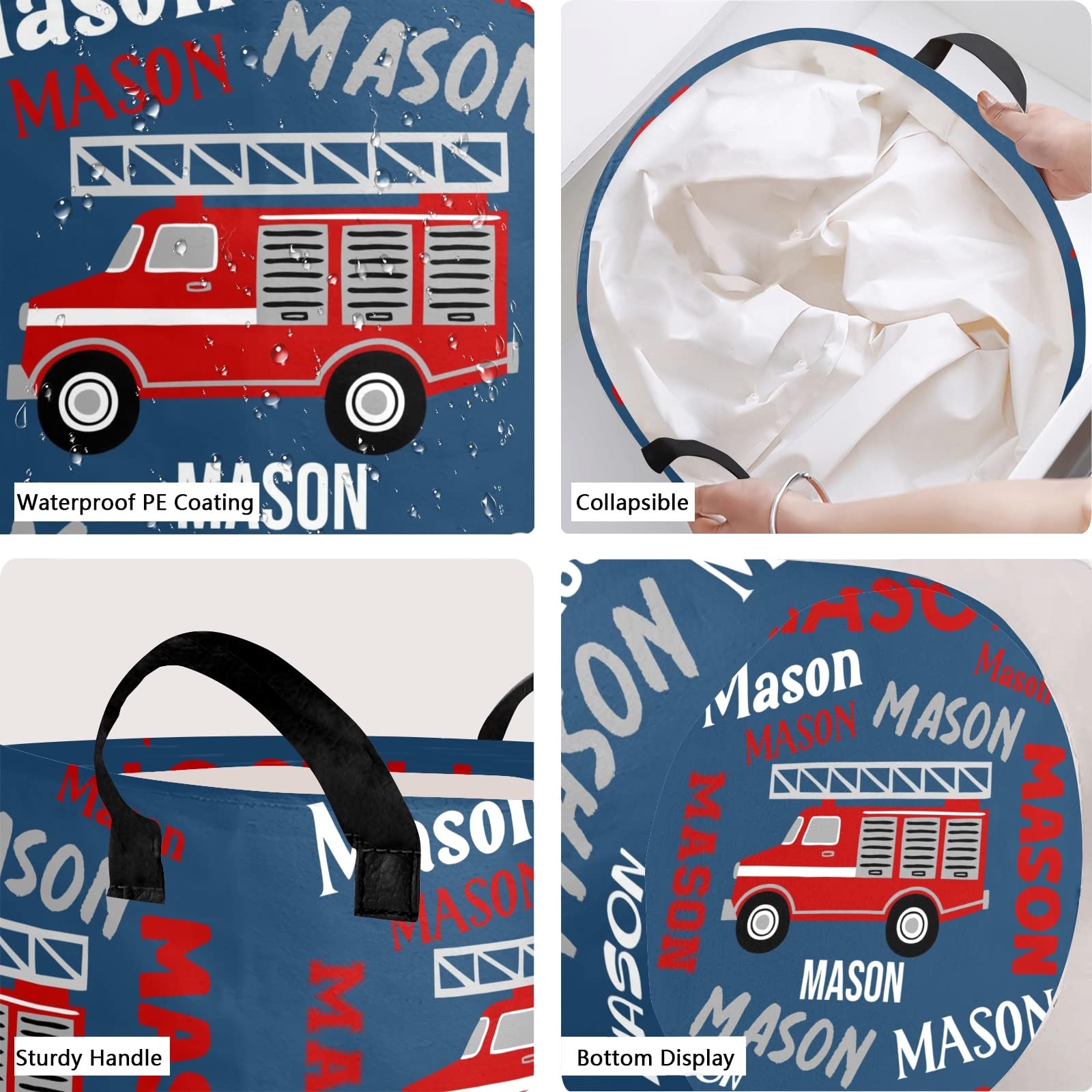 Fire Truck Blue Name Text Personalized Laundry Basket Hamper,Collapsible Storage Baskets with Handles for Kids Room,Clothes, Nursery Decor