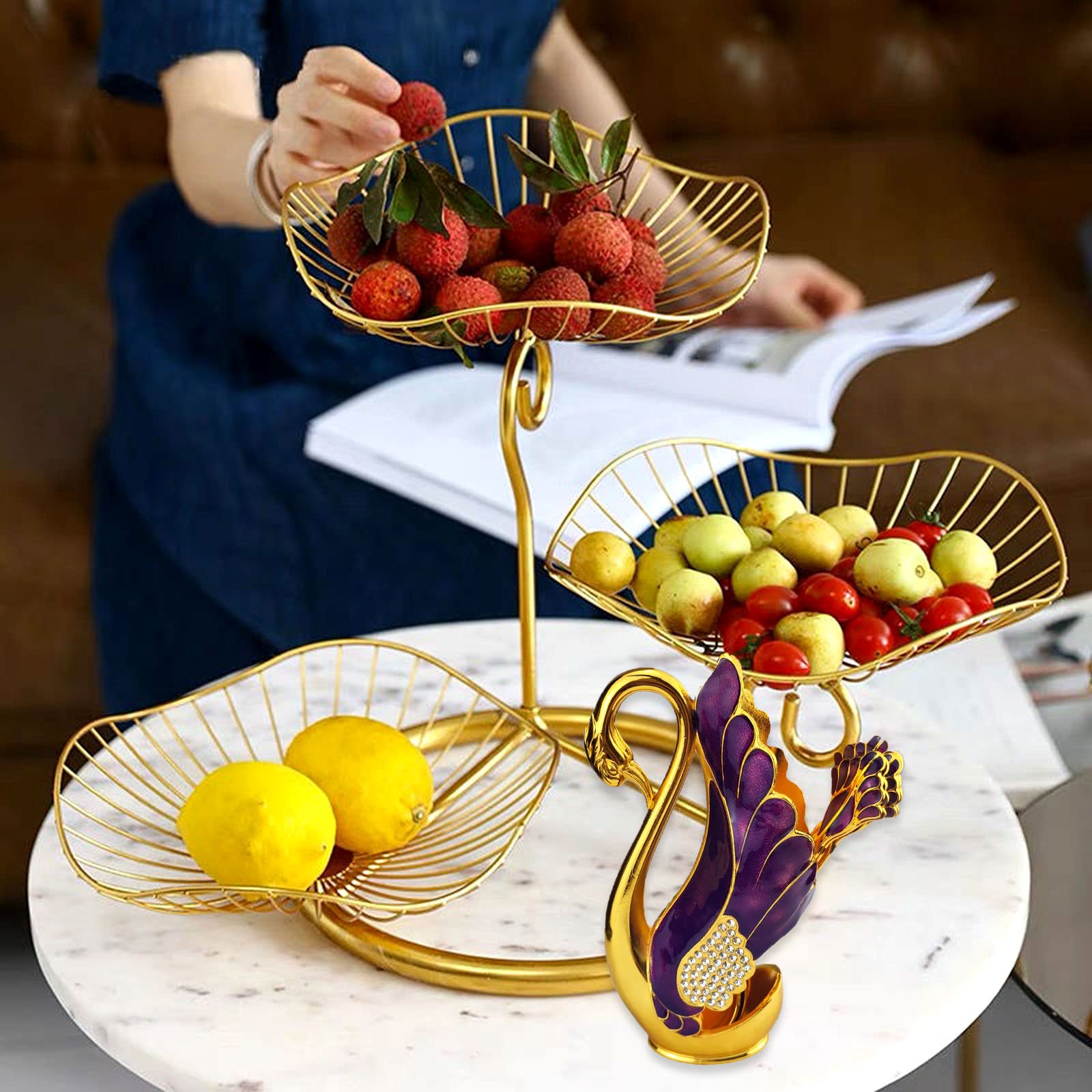 Swan Base Holder with 6pcs Coffee Dessert Dinner Spoon Set, Metal Coffee Spoon Organizer Teaspoon Fruit Dessert Flatware Sugar Ice Cream Spoons (Purple)