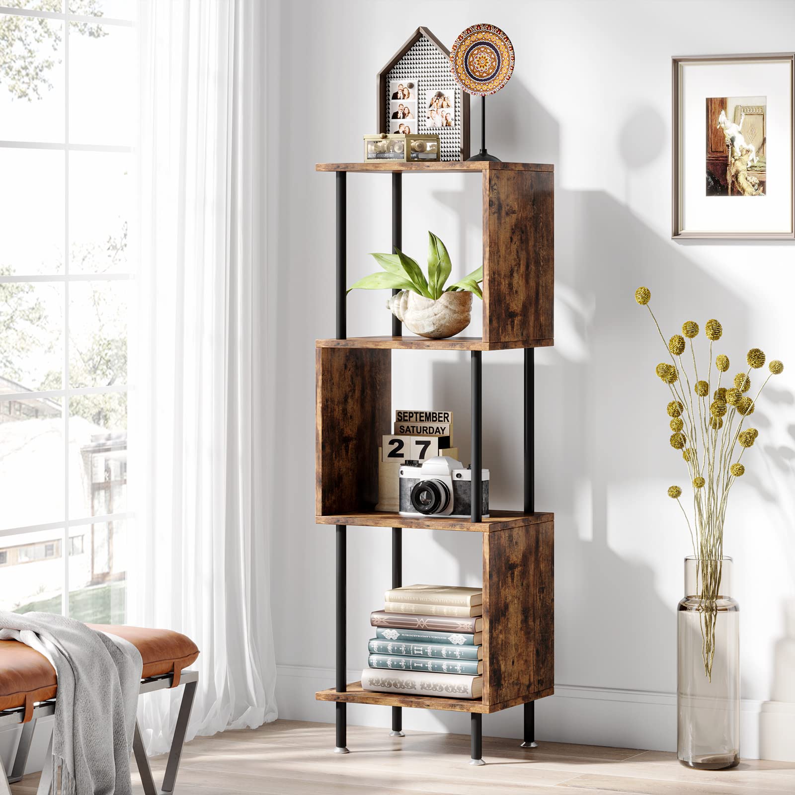 Hosfais 4 Tier Modern Bookshelf, S-Shaped Bookcase,Small Book Shelf for Small Spaces, Unique Bookshelf for Storage Organizer Living Room Bedroom Home Office, Brown