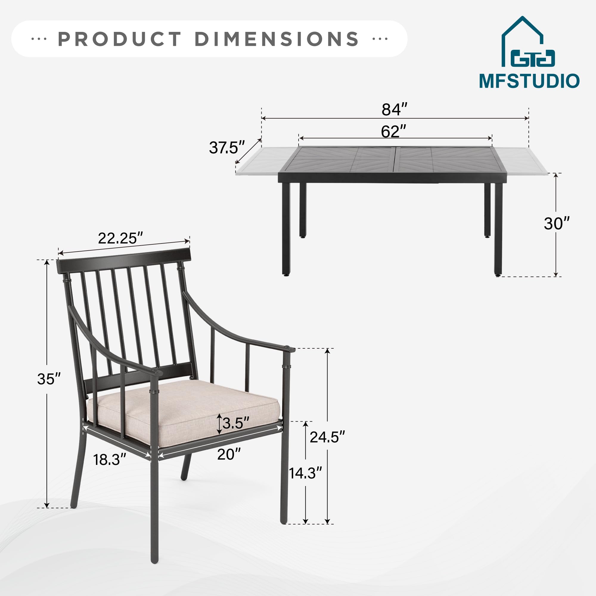 MFSTUDIO 9PCS Outdoor Patio Dining Set with 8 Metal Chairs and Expandable Rectangular Dining Table for 6-8 People, Patio Conversation Set for Deck, Yard, Garden