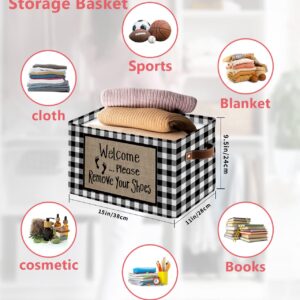 2 Pack Large Storage Baskets Bins Welcome Please Remove Your Shoes Collapsible Storage Box Laundry Organizer for Closet Shelf Nursery Kids Bedroom Rustic Black White Plaid