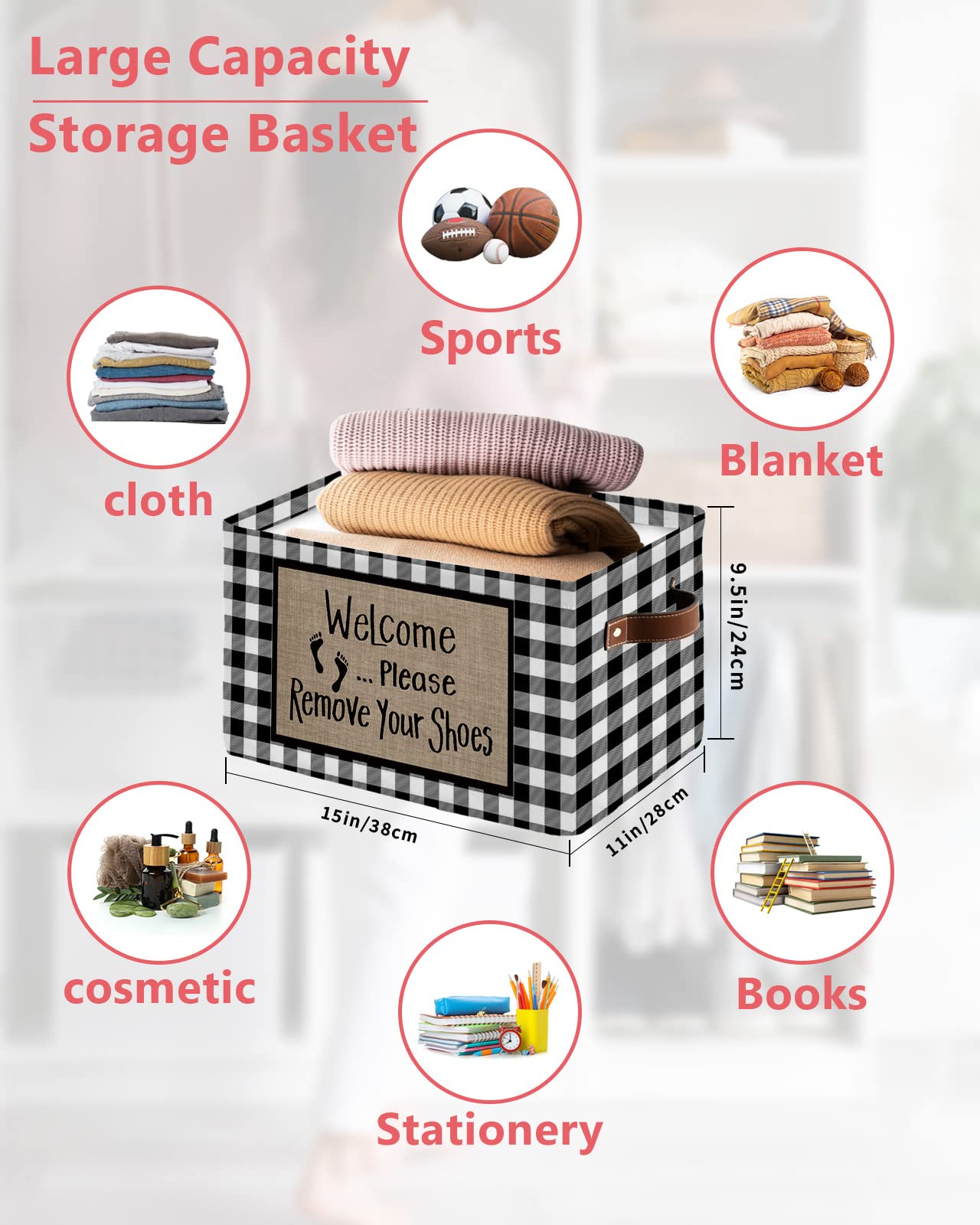 2 Pack Large Storage Baskets Bins Welcome Please Remove Your Shoes Collapsible Storage Box Laundry Organizer for Closet Shelf Nursery Kids Bedroom Rustic Black White Plaid