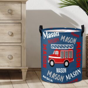 Fire Truck Blue Name Text Personalized Laundry Basket Hamper,Collapsible Storage Baskets with Handles for Kids Room,Clothes, Nursery Decor