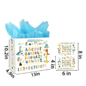 13" Large Dinosaur Baby Boy Gift Bag Baby Shower Birthday Gift Bag with Card and Tissue Papers