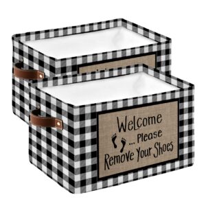 2 Pack Large Storage Baskets Bins Welcome Please Remove Your Shoes Collapsible Storage Box Laundry Organizer for Closet Shelf Nursery Kids Bedroom Rustic Black White Plaid