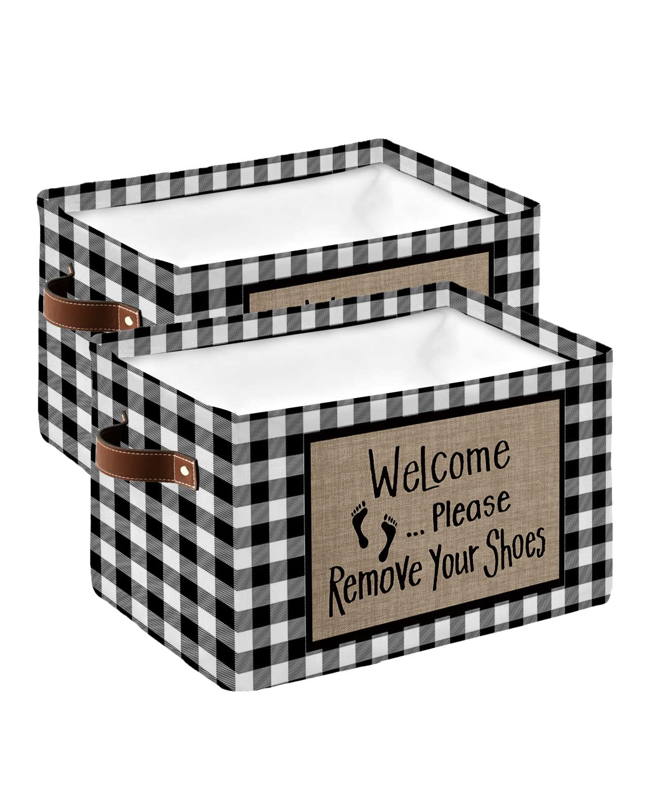 2 Pack Large Storage Baskets Bins Welcome Please Remove Your Shoes Collapsible Storage Box Laundry Organizer for Closet Shelf Nursery Kids Bedroom Rustic Black White Plaid