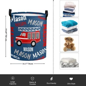 Fire Truck Blue Name Text Personalized Laundry Basket Hamper,Collapsible Storage Baskets with Handles for Kids Room,Clothes, Nursery Decor