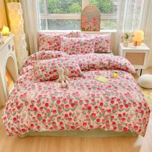 LIWHENHAO Rabbit Duvet Cover Set Queen 100% Cotton Bedding Cartoon White Bunny Red Flower on Pink 1 Cute Comforter Cover Full Zipper Closure 2 Pillowcases for Kids Girls Boys Woman