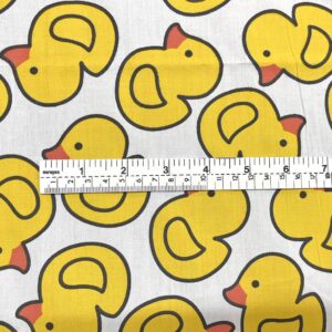 AMORNPHAN 44 Inch Yellow Bird Happy Rubber Duck Printed On White Cotton Fabric Themed Pattern with Ducks for Craft Cloth Kid Patchwork Handmade Sewing Crafting for 1 Yard