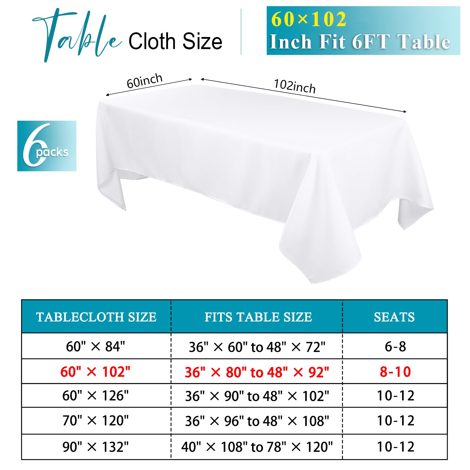 Kesfey 6 Packs White Table Cloths Rectangle 60 x102 inch High Density Washable Polyester Fabric White Tablecloths for 6 Foot Tables Rectangle Wrinkle Resistant Tablecloth for Parties Wedding Banquet