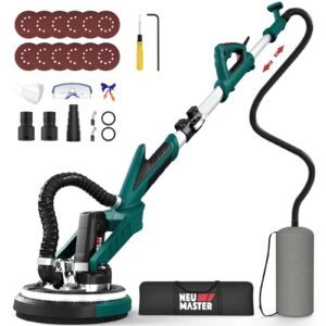 neu master drywall sander, electric drywall sander variable speed pole sander with vacuum, 900-1800rpm foldable ceiling sander with 12 sanding discs, led light, extendable handle, dust bag and hose