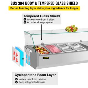 VEVOR Refrigerated Condiment Prep Station, 48-Inch, 10.8Qt Sandwich Prep Table with 2 1/3 Pans & 4 1/6 Pans, 146W Salad Bar with 304 Stainless Body Tempered Glass Shield Digital Temp Display Auto Defr