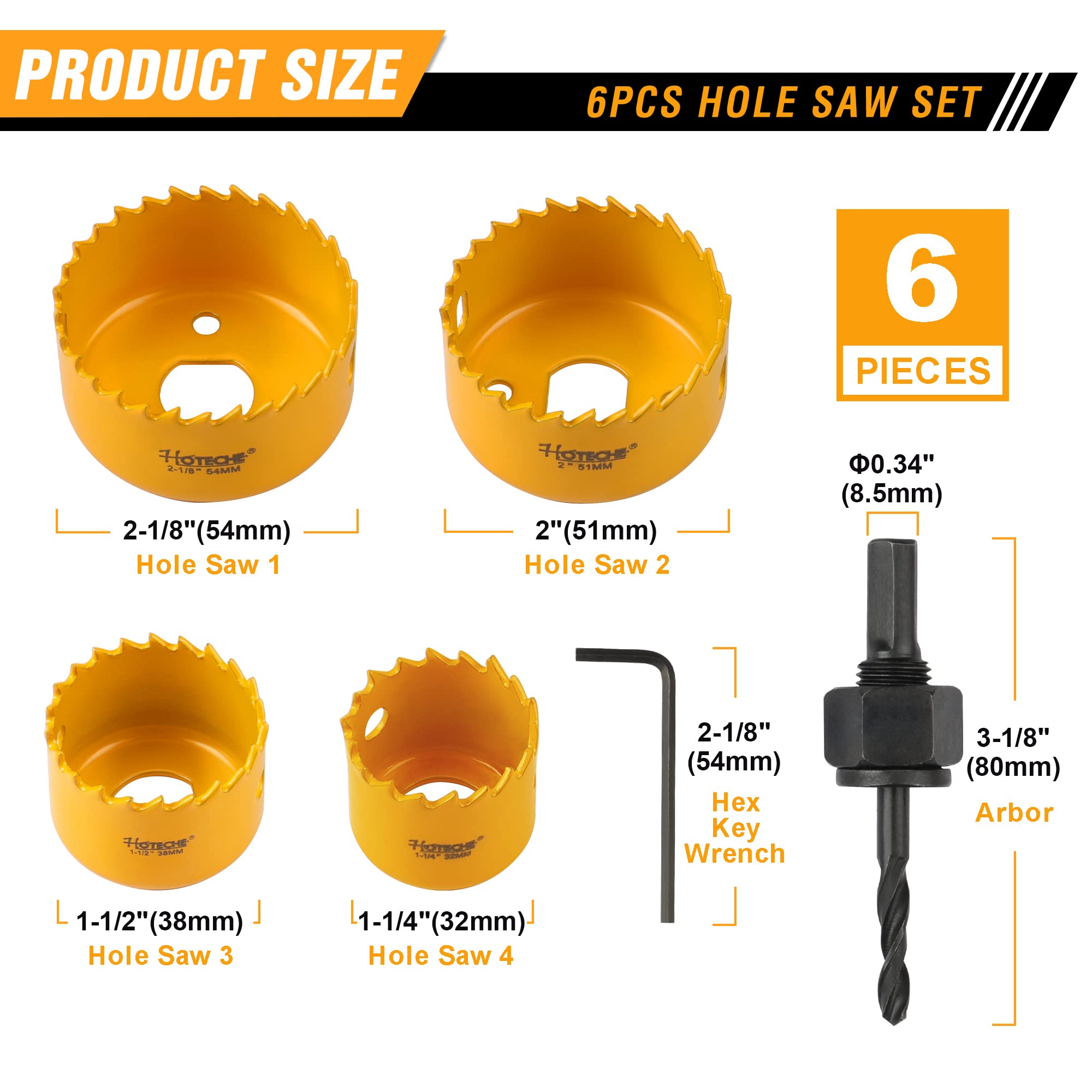 Hoteche 6-Piece Hole Saw Set - Versatile Hole Cutter Kit for Wood, Plastic, and Fiberboard - Clean, Accurate Cuts with Arbor Hole Drill - Compatible with Hand Drills, Drill Presses, and Rotary Tools